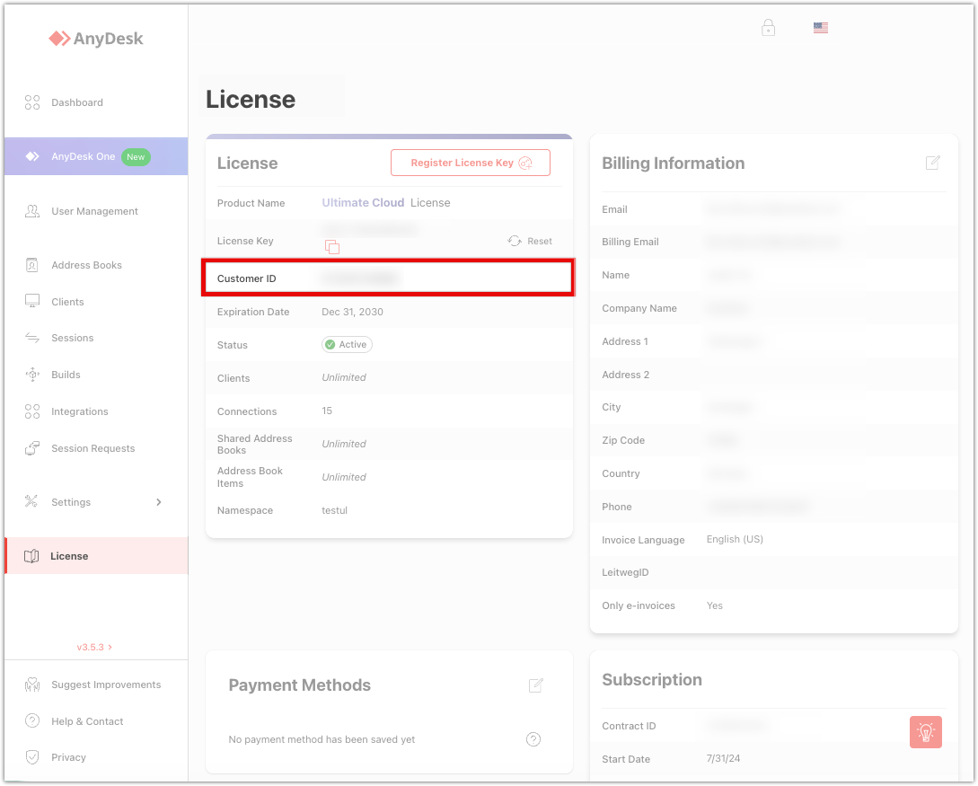 Informations de licence AnyDesk affichant l’identifiant de client, la date d’expiration et les informations de facturation.